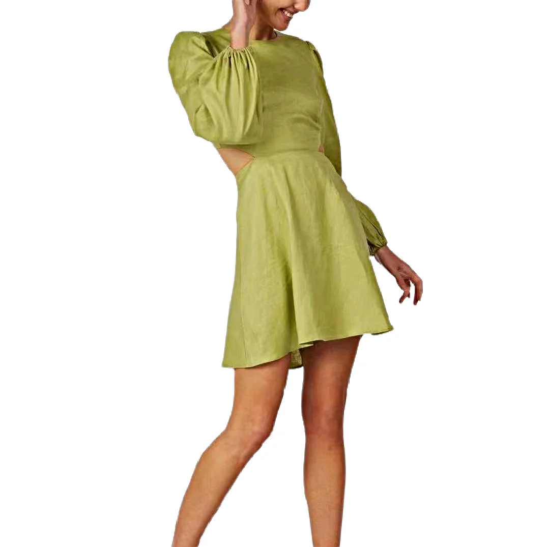 Wom Clothes Lady Mini Dress Summer Casual Women Clothing Waistless Linen Mini Dress Round Neck Long Sleeve Natural Woven Simple