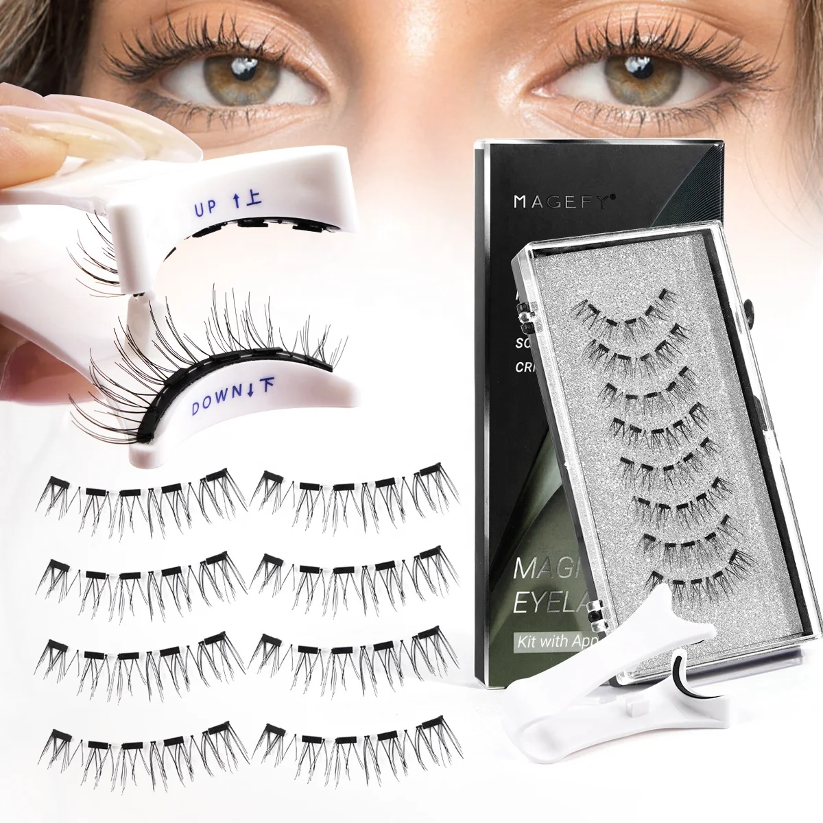 MAGEFY private label magnetic false eyelashes custom wholesale clear band dual magnetic eyelashes with applicator set