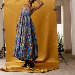 New Design High Quality Wholesale  Africa Print Women Clothing Long Sleeve Off Shoulder Elastic Frilled Neck Maxi Dress