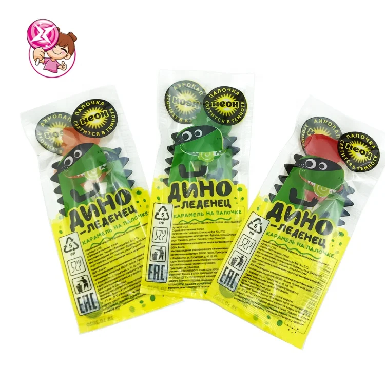New arrival halal fluorescent lollipop cartoon Dinosaur lollipop with glow stick