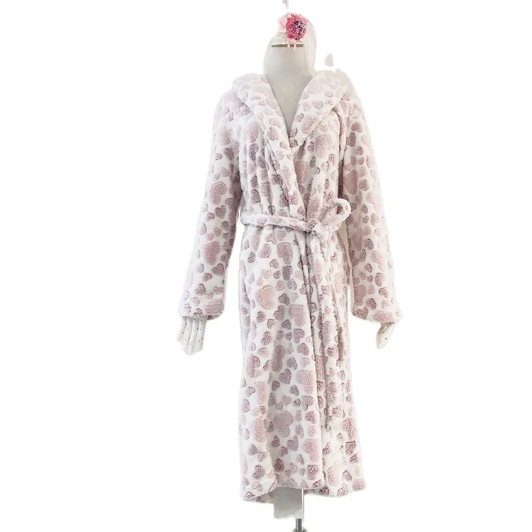 Super soft cozy luxury fluffy Breathable oversized bathrobe custom carved heart Print 100% polyester plush womens pajama