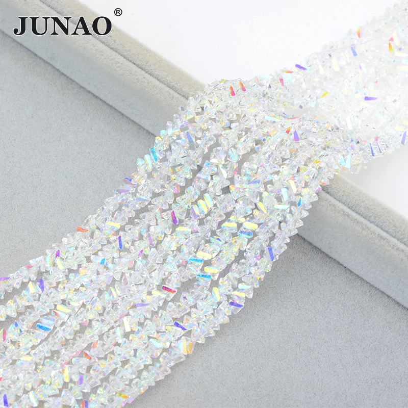JUNAO High Quality Shiny 4mm Crystal String Beads Glass Transparent AB Stones Chain Triangle Gemstone Beads For Clothes Tassels