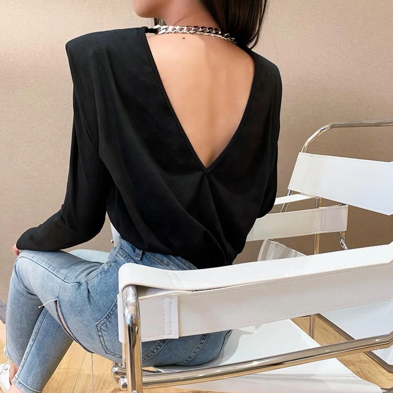  fall fashion clothing new 2020 loose long sleeve solid black casual tops with shoulder pads women t-shirts oversized tshirt