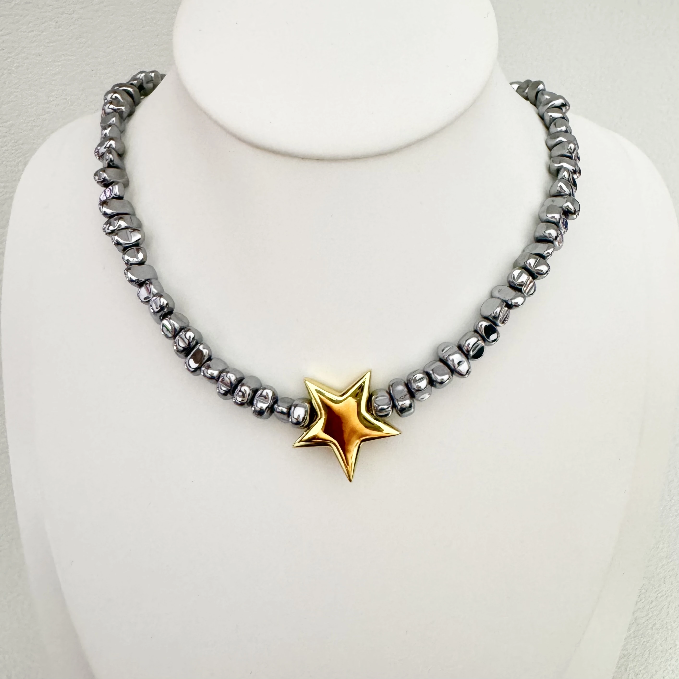 High Quality Handmade Chip Heart Star Sterling Silver Hematite Beads Necklace Solid Silver Choker Women Party Gift Jewelry