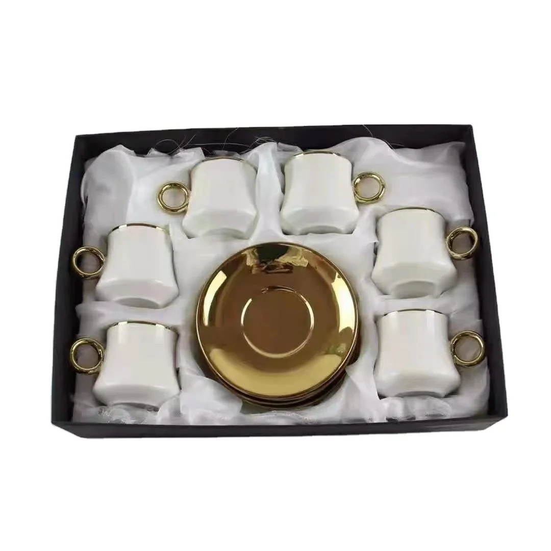 Royal style restaurant wedding tableware gold handle design white ceramic tea cup and saucers