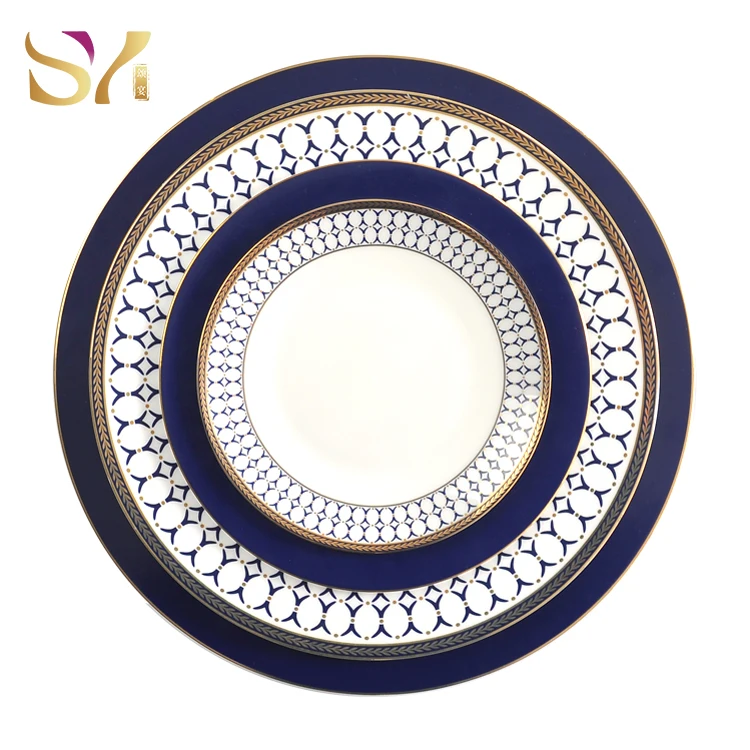 Wholesale Best Royal Fine Bone China Dinnerware Set Contemporary Design with Navy Blue and Gold Rimmed Line for Weddings