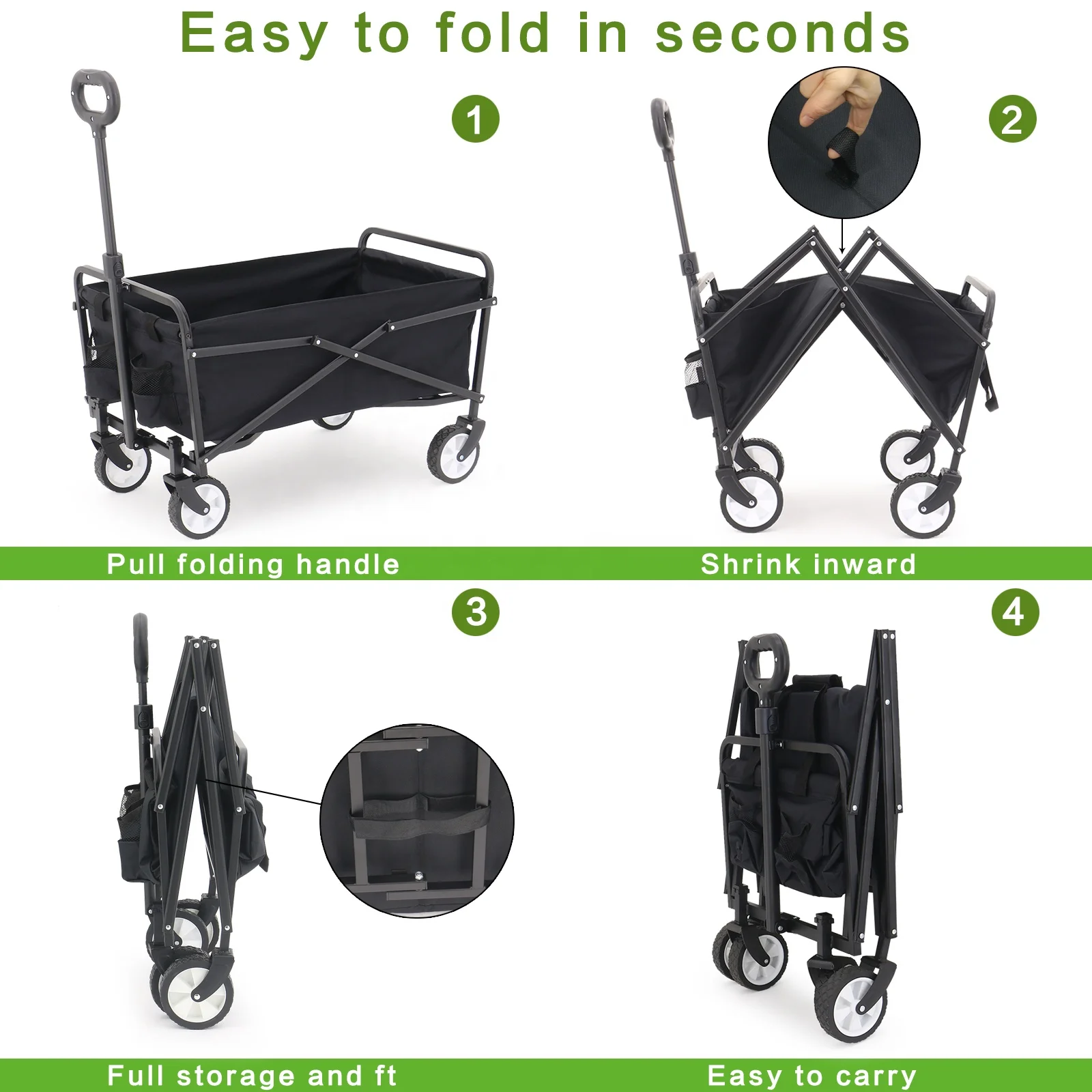 Eaynon Garden Beach Camping Cart Collapsible Folding Wagon Small Foldable Portable Outdoor Black Folding Car for Shopping 70L