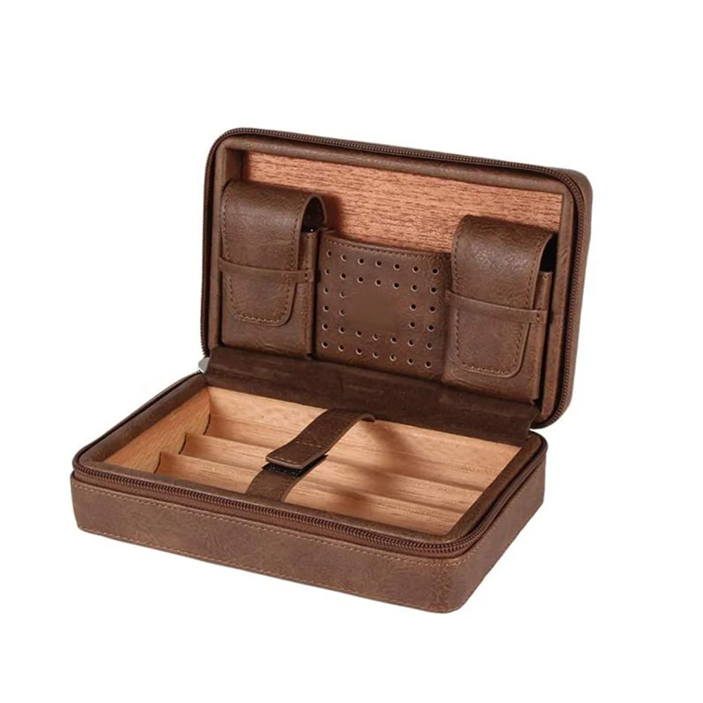 Wholesale Small Portableleather Cigar Case Private Label Humidor Wood Travel Leather Cigar Box