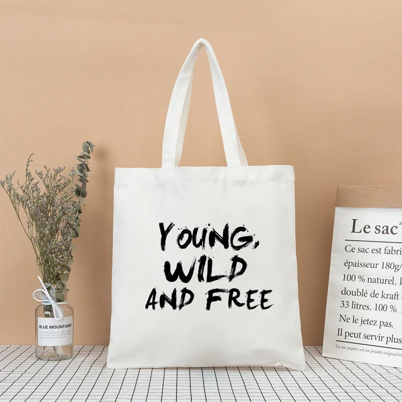 Wholesale Eco Black White Young Wild and Free Print Cotton Canvas Tote Bag for Women Girls