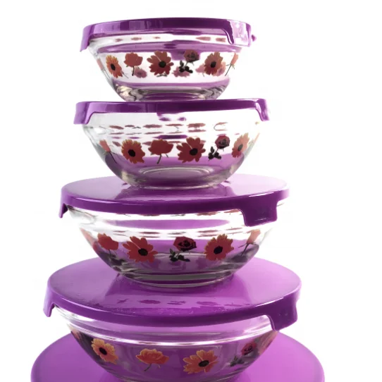Food Grade Set of 5 pcs Heat Resistant  Food Storage Bowl with Lid  Multi-function Salad Bowl  Glass bowl