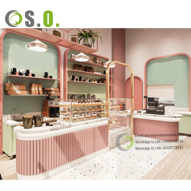 Custom Wooden Sweets Cafe Shop Furniture Glass Bakery Shop Display Showcase Design Coffee Shop Bar Counter For Sale