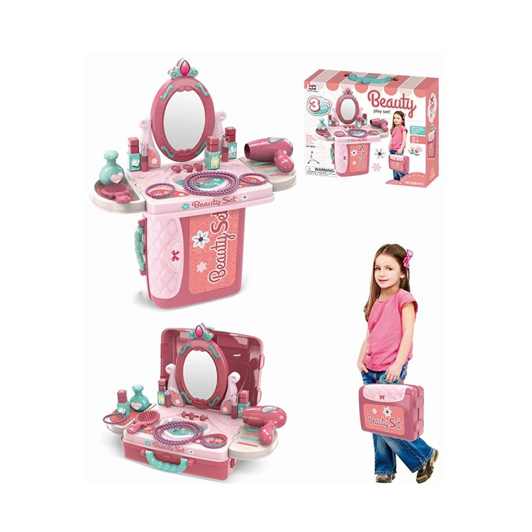 Kids Plastic mirror dressing table 3 IN 1 suitcase portable pretend play Beauty Set jewelry make up toy girls beauty set