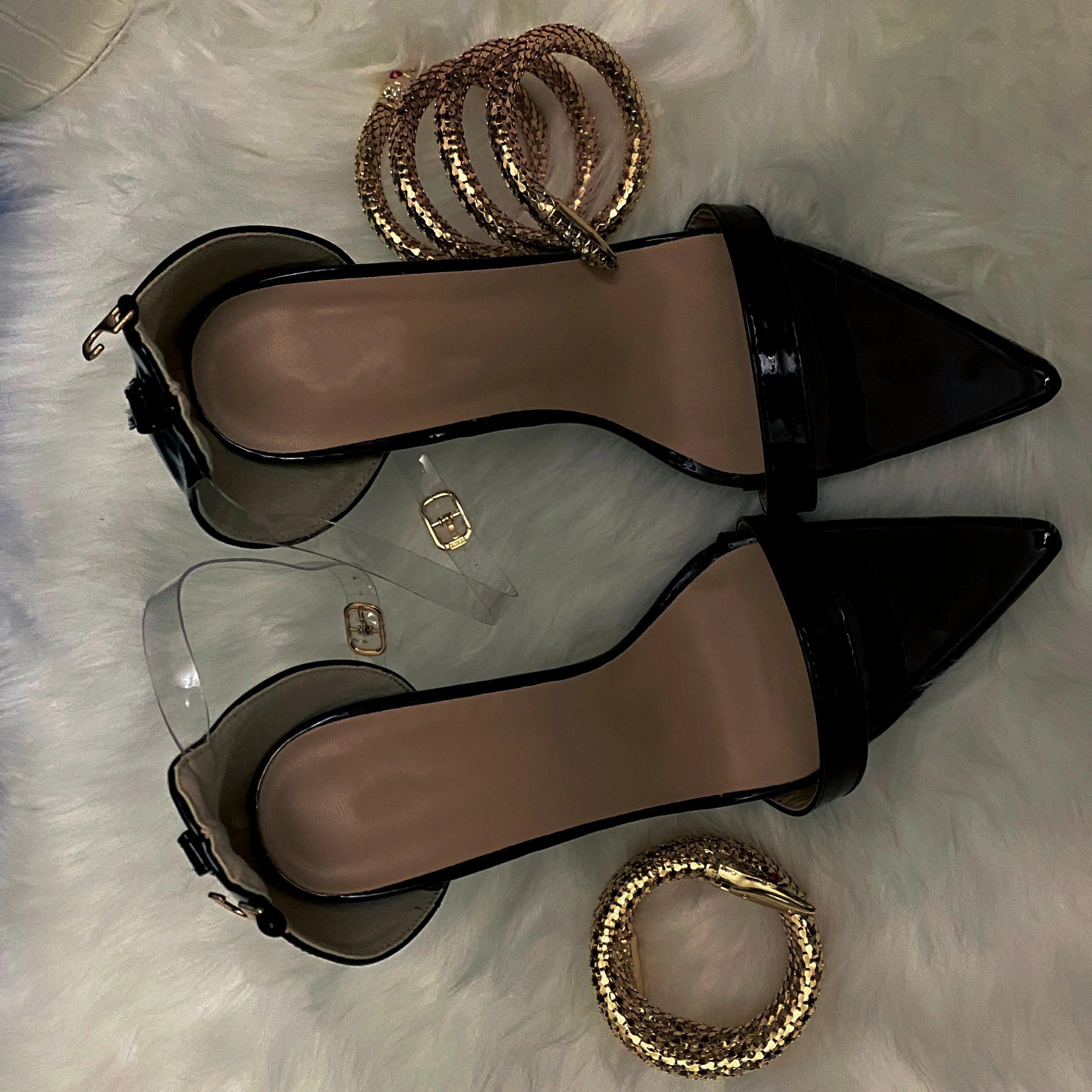 New design spiral ankle strap sandals snake head stylish shiny fashionable women sandals court stiletto pointed toe women shoes