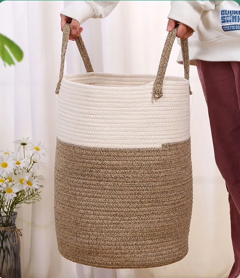 High Quality Cotton String Weaved Clothes Dirty Laundry Basket Storage Baskets Bins with Lid Practical Storage Organizer