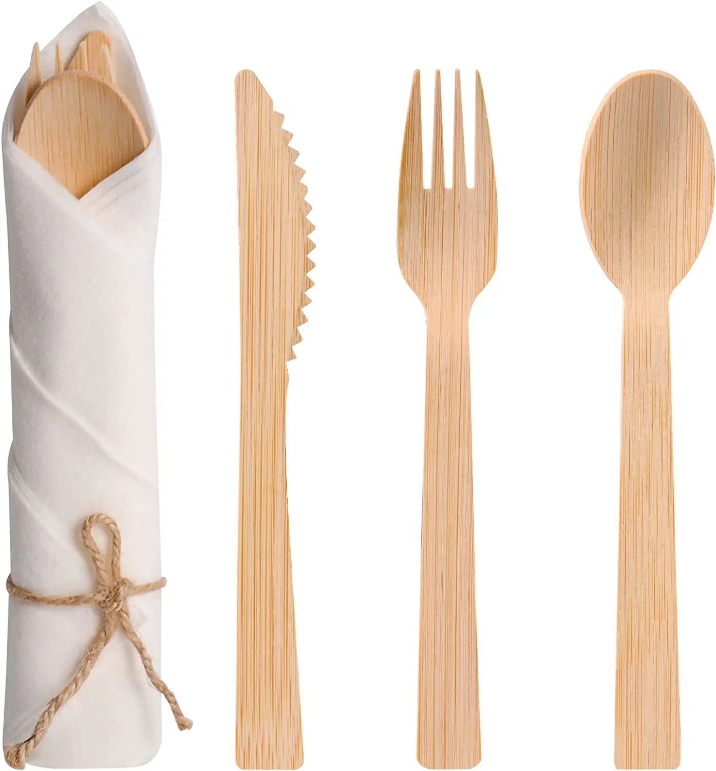Rolled Napkin Wood Bamboo Cutlery Set Bamboo Utensils Forks Knives Spoon Napkins Wrapped Cutlery for Party Banquet Wedding