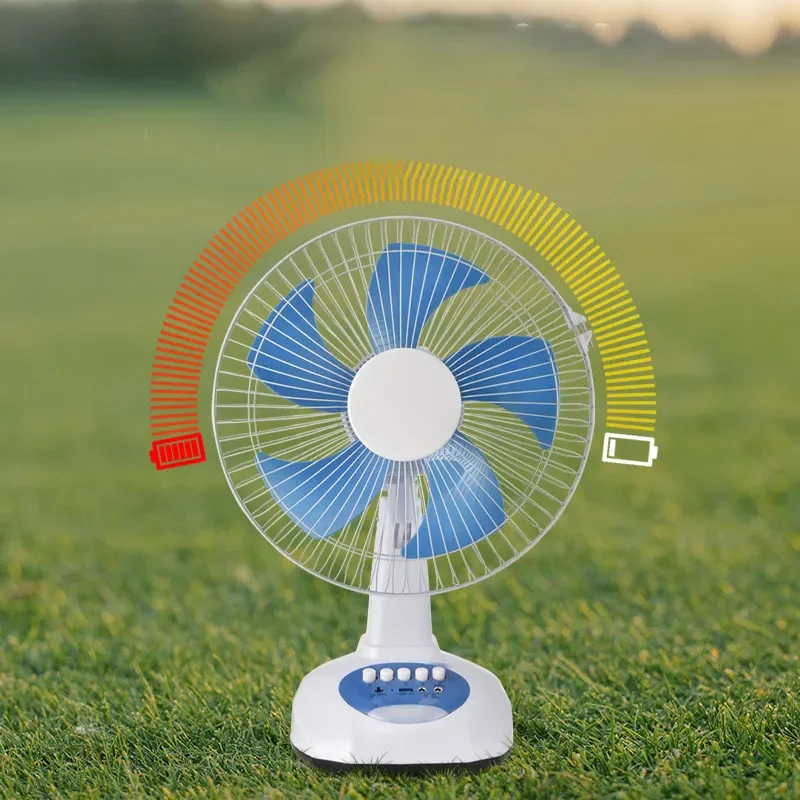 12v AC DC Solar Rechargeable Fan Bluetooth Speaker Radio 12 inch Table Fan with Solar Panel and LED Light for home and outdoors