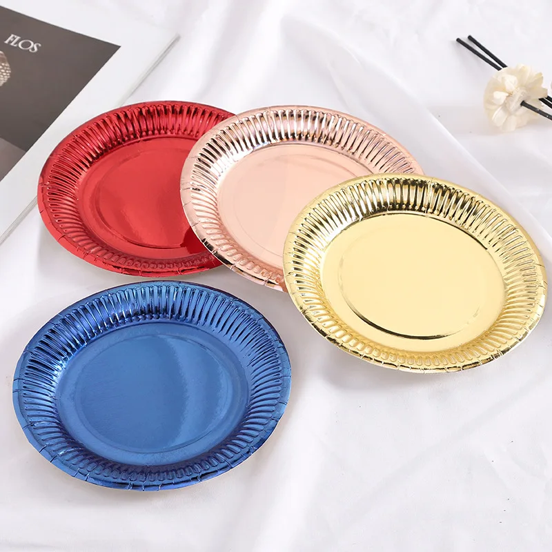 2023 Factory wholesale 7 inch luxury disposable tableware party decoration food cake tray rose blue yellow red gold paper plate