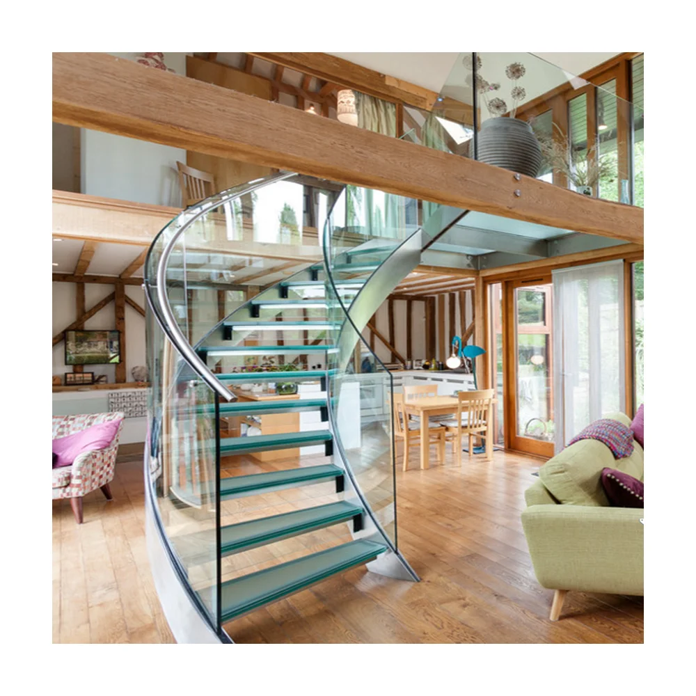 High Quality Modern Indoor  Interior Laminated Glass Stair Step  Stairs With Glass Railing Stairs For Small Houses