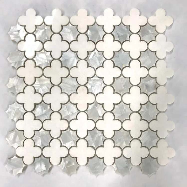 DTH stone Pure white marble mix shell water jet  wall mosaic for kitchen backsplash tile