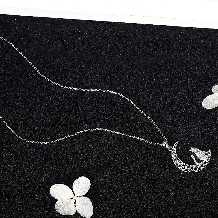 925 sterling silver crescent moon with cat necklace for women