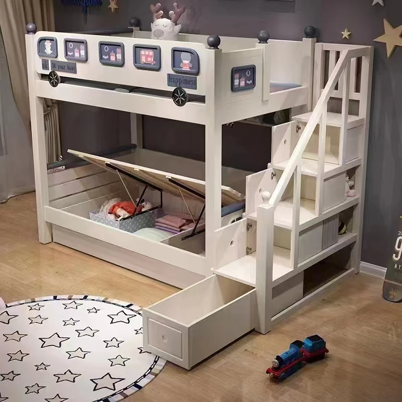 Children Bedroom Blue Boys Wood Bunk Beds Frame Twin Over Twin Size with Ladder