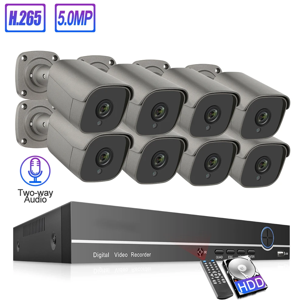  Комплект камеры Techage 8Ch 5mp Poe H.265 наружная двухсторонняя аудио камера безопасности система ночного видения