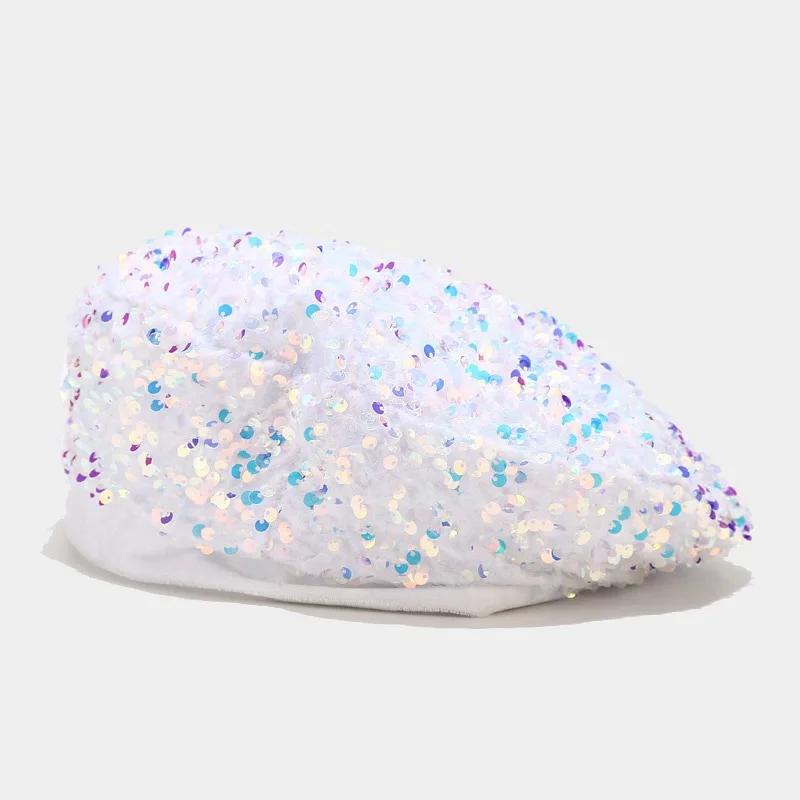 Women Beret Hat Glitter Sequins French Style Beanie Cap Adjustable Fashion Shimmer Hat for Girls Ladies