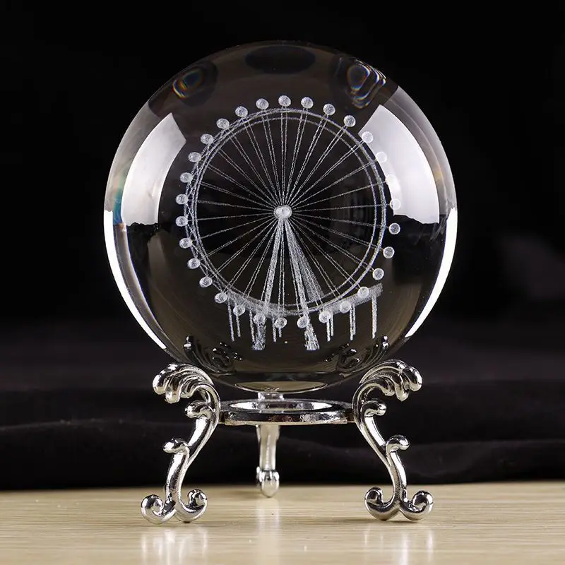 Manufacturer customized 3d laser engraved logo Clear Crystal Glass Ball with sliver base