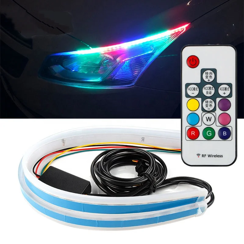 RGB Remote Control 45CM 60CM Car DRL Running Flexible Led Strip Bar Fog Lamp Turn Signal Light Bar for Auto Lighting Systems
