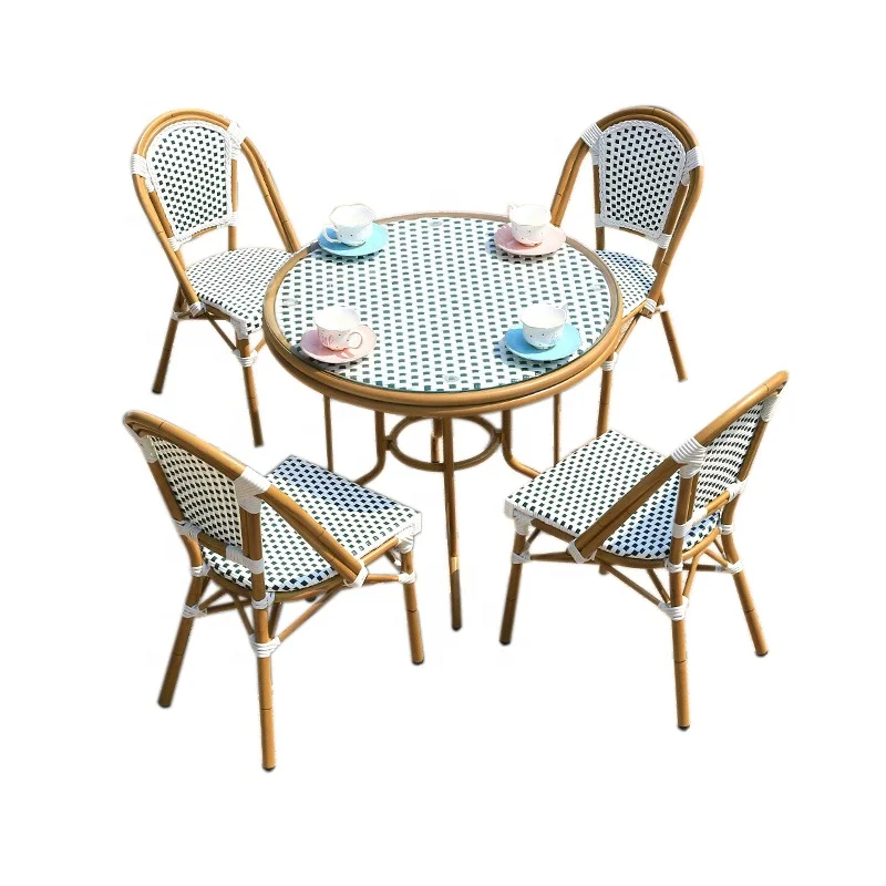 Hot Sale Garden Furniture French Style Bamboo Painting Mixed Rattan Weaving Chairs With Table