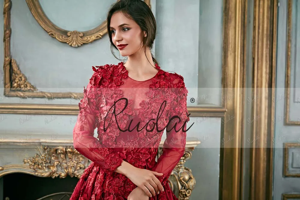 RUOLAI PEV-L3052 Modest Long Sleeve 3D Floral Appliqued Beaded Lace Satin Red Long Evening Gowns Dresses