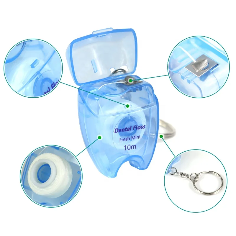 ISO Approved Bulk OEM Mint Flavor Oral Hygiene 10m Tooth Shape Keychain box Flosser Dental Floss