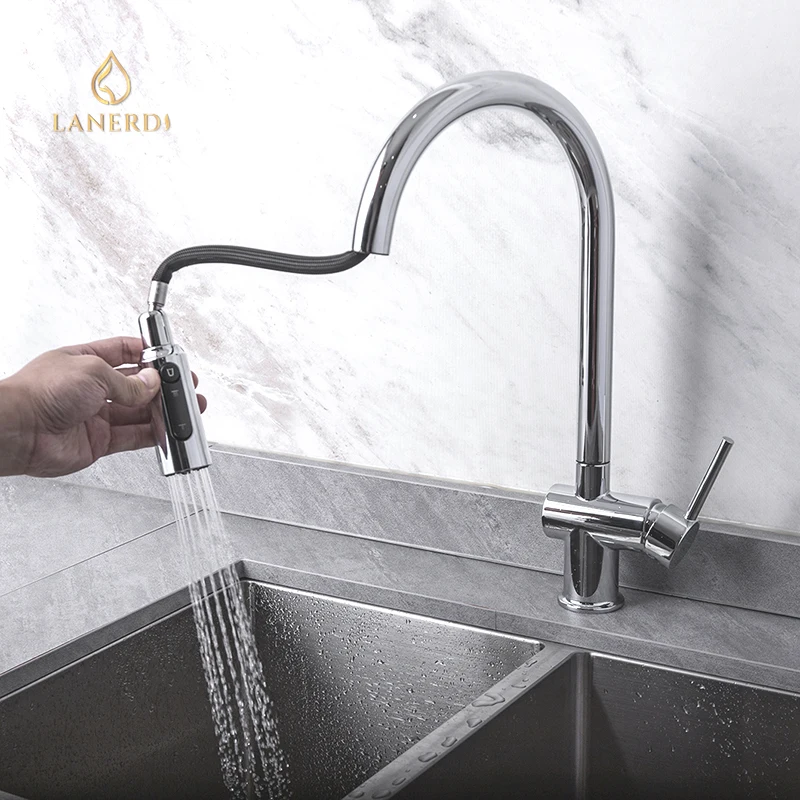 UPC Chrome Brass Single Handle Hot and Cold High-arc Pull down Sprayer Water filter Kitchen faucet