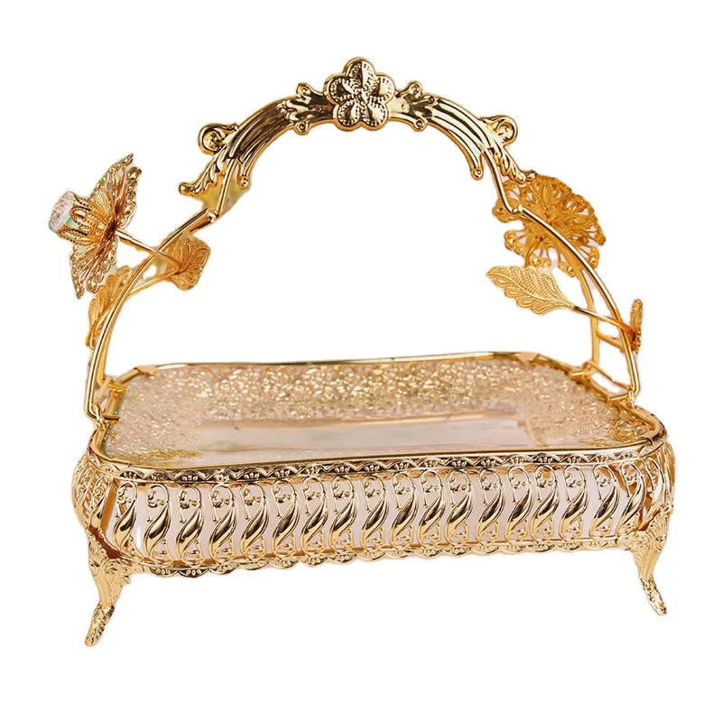 Dibei Luxury Decorative Square Dessert Snack Serving Tray Glass Plate Golden Metal Fruits Tray