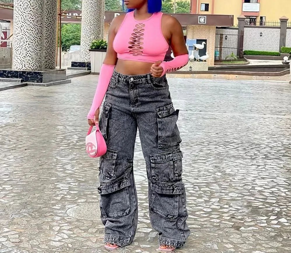 High Quality Streetwear Cargo Jeans Women Solid Color Wide Leg Pants Overall Baggy Jeans For Women 2024 Fall