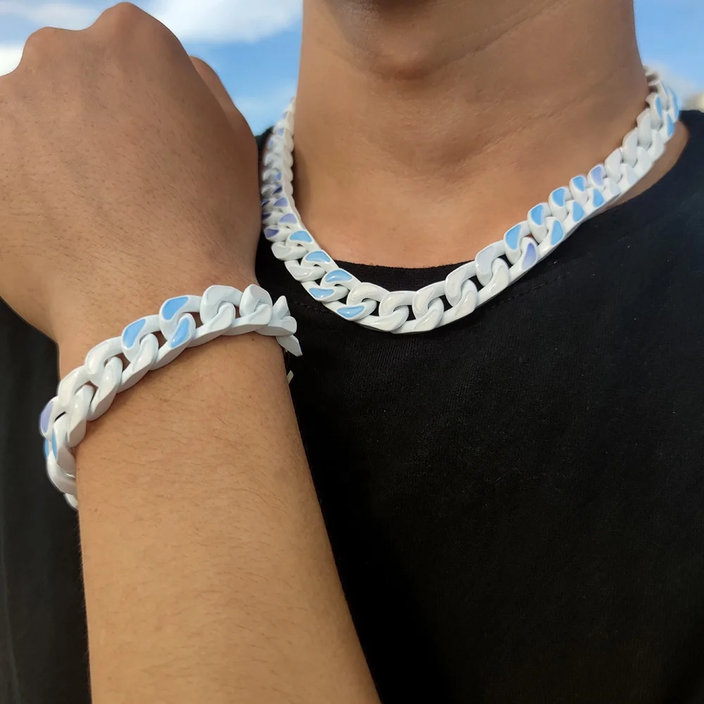 VEROMCA Blue Sky and White Cloud Stainless Steel Baking Varnish Cuban Chain Bracelet Titanium Steel Necklace