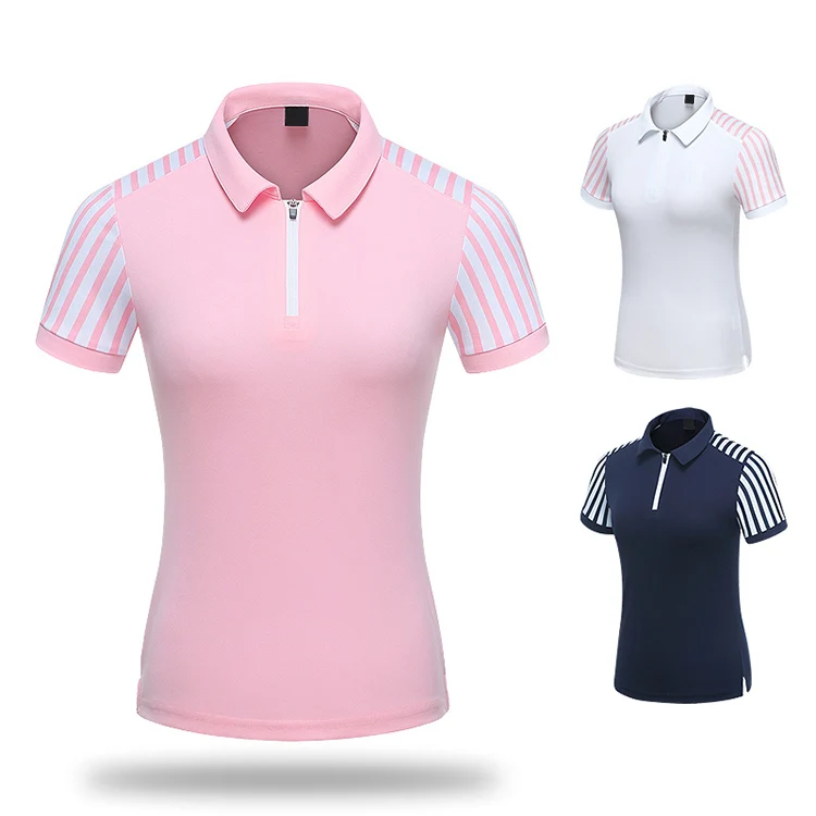 Wholesale stand collar women polo tshirt half zipper in the middle custom printing retro polo shirt with logo