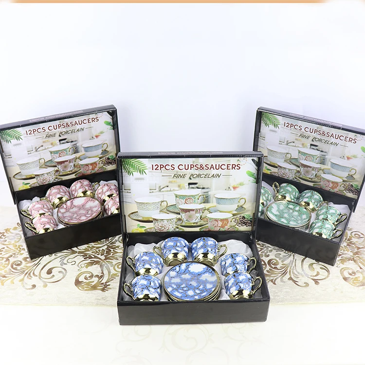 Wholesale Porcelain Arabic Afternoon Tea Gift Set 12PCS Luxury Ceramic Coffee Tea Cup and Saucer Set of 6