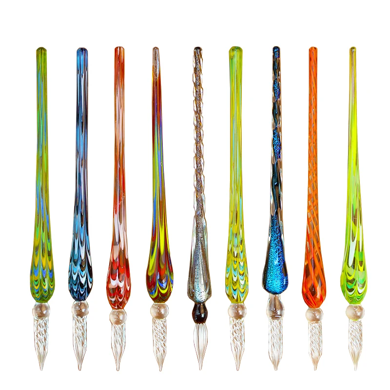 Wholesale Ribbon Glass Dip Pen Glass Handmade Peacock Tail Spiral Nib Tip Dip Pen with Penholder for Office Tableware Decor