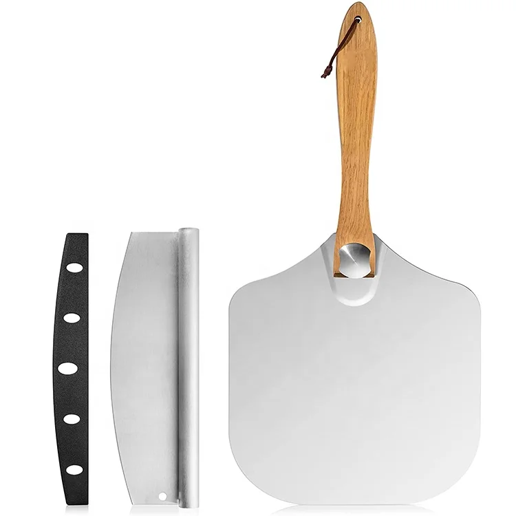 Aluminum Pizza Peel 12'x14' and Pizza Cutter  Metal Pizza Paddle Shovel