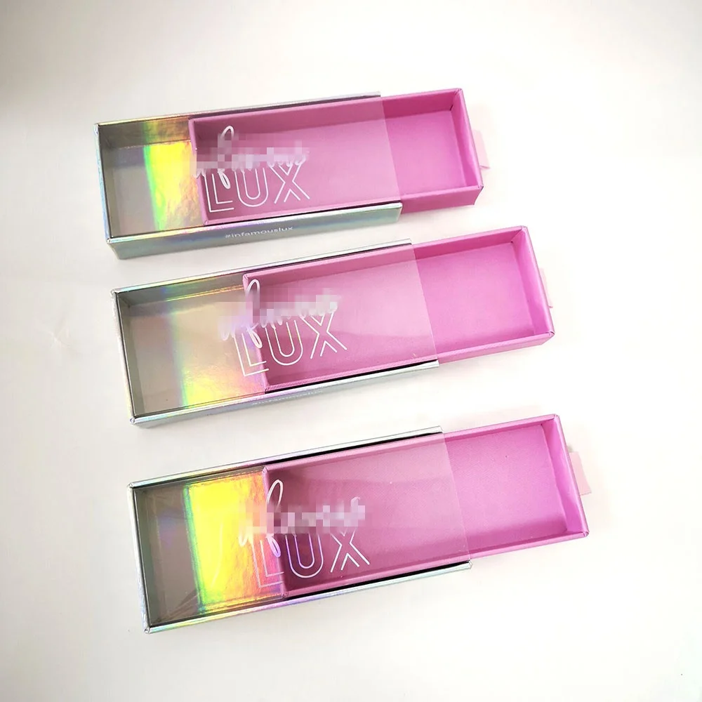 Baby Pink Holographic Paper Eyelash Packaging Personalized False Eye lash Box with clear PVC window