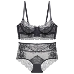 Three quarter Cup Lightly Lined underwire bra Crochet Lace See Through Transparent Sexy lingerie sets