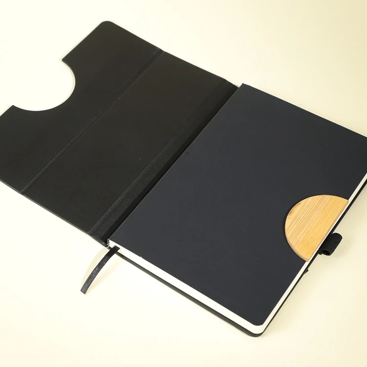 A5 Personalized Phone Stand Black Paper Bamboo Cover Business PU Leather Diary Custom Journal Notebook With Pen
