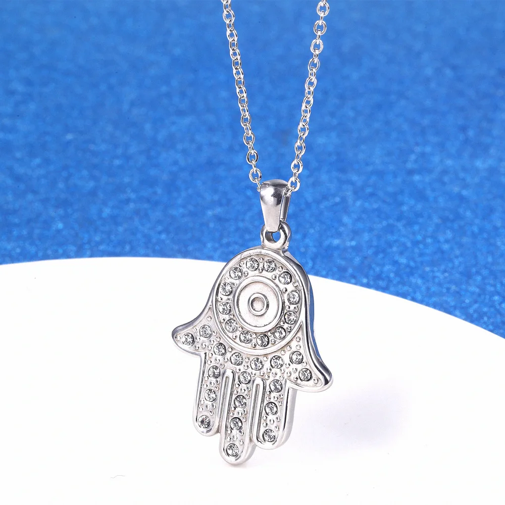  Fatima Palm Diamond Pendant Unisex Stainless Steel Necklace Titanium Jewelry 18K
