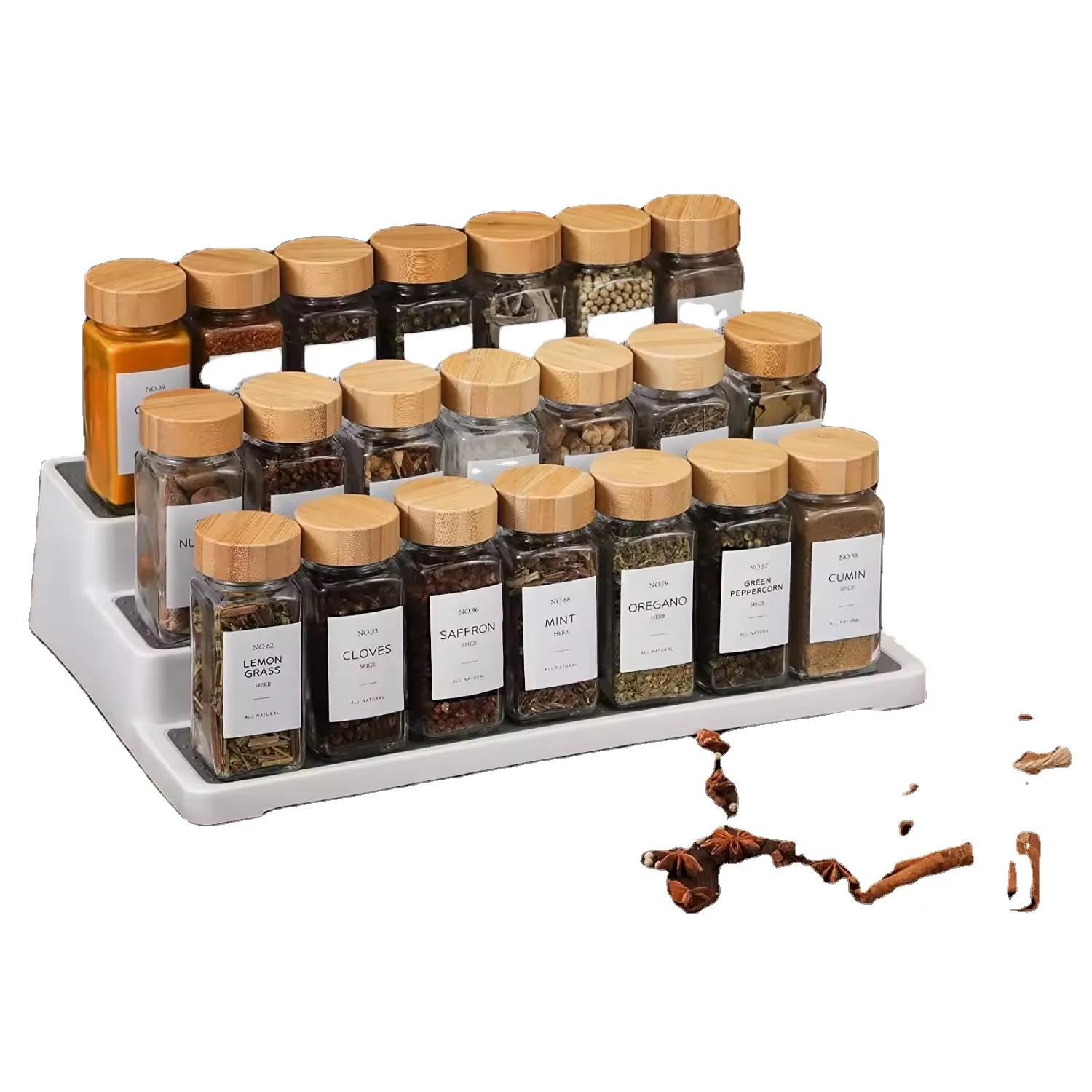 Customize Logo Bamboo Glass Spice Pot Set Classic Round Salt Glass Jar With Spoon Spice Jar Set With Bamboo Tray