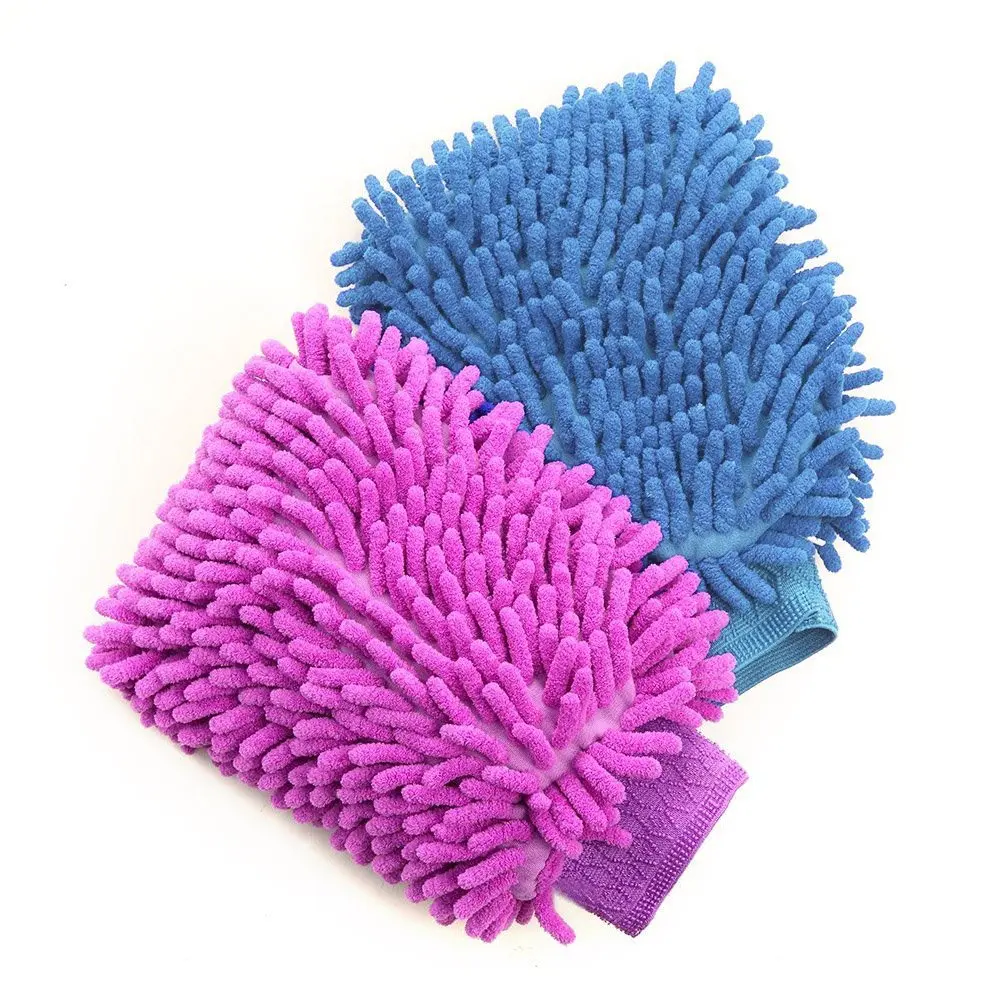 2Pack House Cleaning Microfiber Car Detailing Washing Gloves Wash Drying Mitts for Car Cleaning Blue & Pink