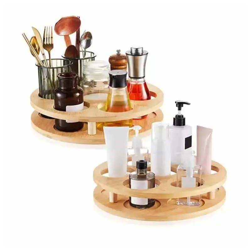 Factory Direct Premium Lazy Susan 7 Bottle Rotating Coffee Syrup Carousel Bamboo Coffee Syrup Organizer for Countertop