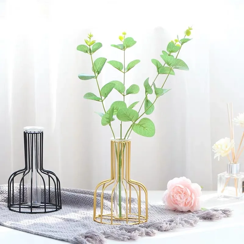 Hot Sale Wholesale Home Decor Gold Black Metal Frame Wrought Iron Flower Glass Vase Decoratieve Metal Wire Flower Vase