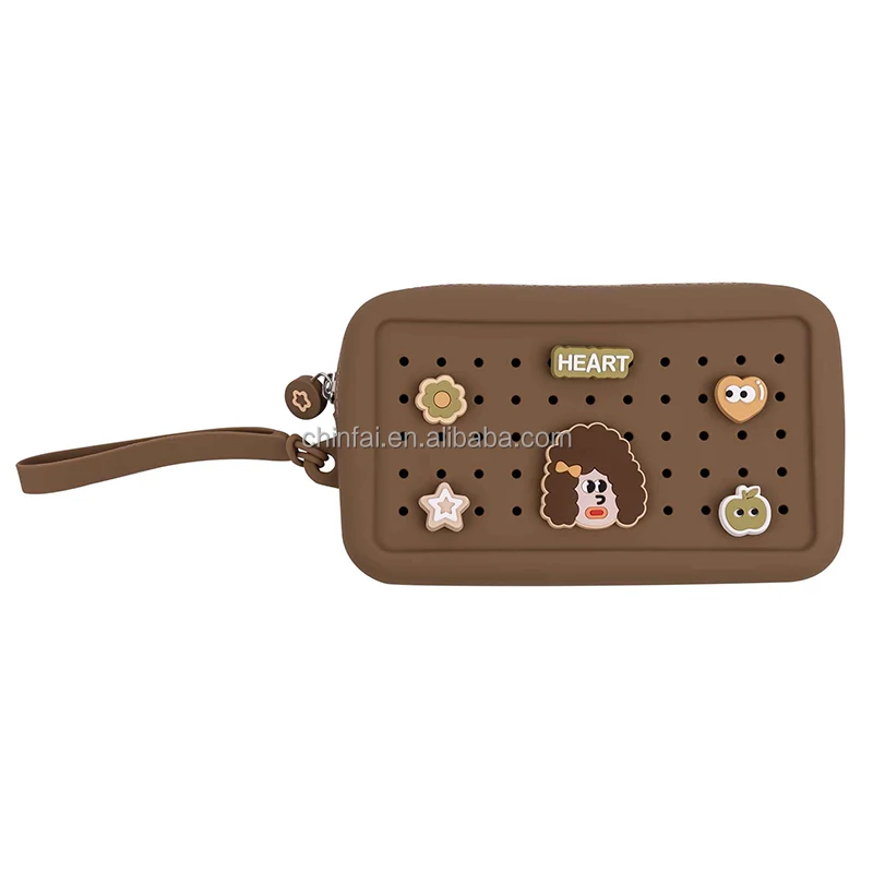 Chinfai Customized Hole Charms Portable Zipper Silicone Mobile Bag with Strap