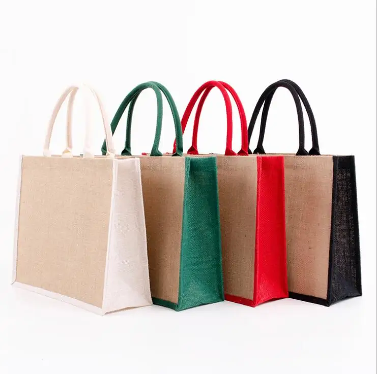 Natural burlap eco friendly tote bags reusable Splicing jute shopping bag